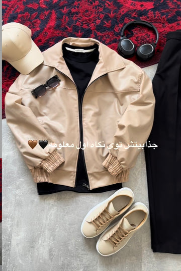 Men’s Beige Jacket Outfit Set with Black Tee, Cap, Sneakers & Accessories | طقم كامل للرجال جاكيت بيج + تيشرت اسود + سنیکرز + کیپ + اکسسریز