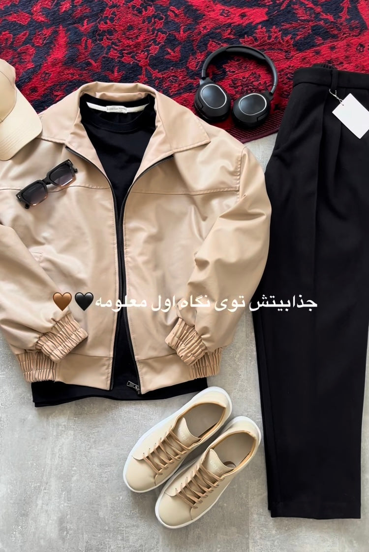 Men’s Beige Jacket Outfit Set with Black Tee, Cap, Sneakers & Accessories | طقم كامل للرجال جاكيت بيج + تيشرت اسود + سنیکرز + کیپ + اکسسریز
