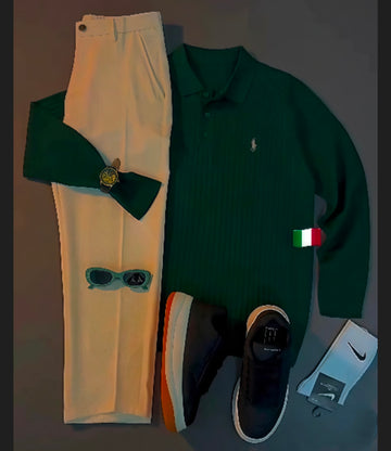 Perfect Combo: T Shirt, Pants & Sneakers& Watch "التركيبة المثالية: قميص، بنطال وأحذية رياضية!" – White & Green Combo