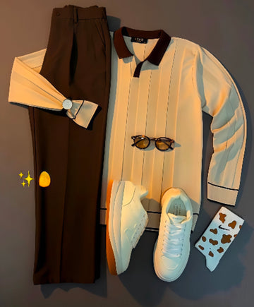 Perfect Combo: Shirt, Pants & Sneakers& Watch "التركيبة المثالية: قميص، بنطال وأحذية رياضية!" – White & Brown Combo