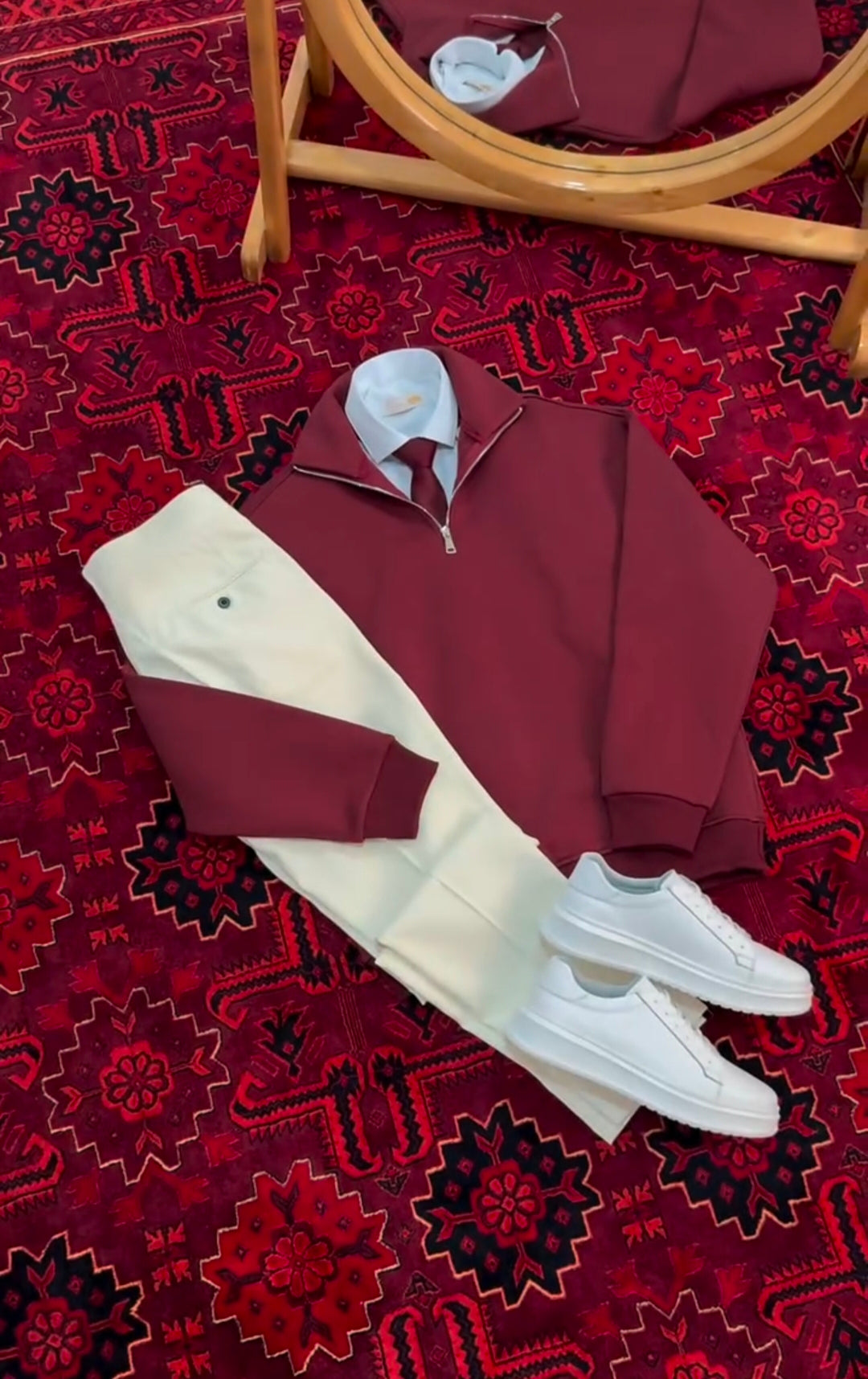 Perfect Combo: Shirt, Pant & Sneakers"التركيبة المثالية: قميص، بنطال وأحذية رياضية!" –  Red & Off-White Color.