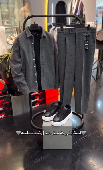 Perfect Combo: Shirt, Pant & Sneakers"التركيبة المثالية: قميص، بنطال وأحذية رياضية!" –  Gray & Black Color.