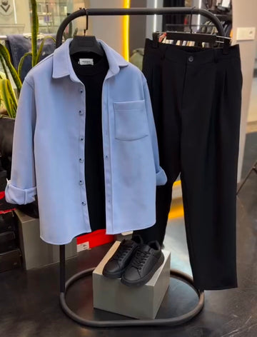 Perfect Combo: Shirt, Pant & Sneakers"التركيبة المثالية: قميص، بنطال وأحذية رياضية!" –  SkyBlue & Black & White Color.