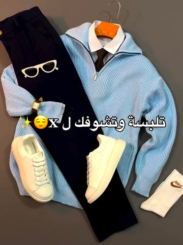 Urban Style Set: Shirt, Pants, Sneakers & Watch مجموعة الأناقة العصرية: قميص، بنطال، أحذية رياضية وساعة إصدار الأزرق السماوي والأسود (Sky Blue & Black Edition)