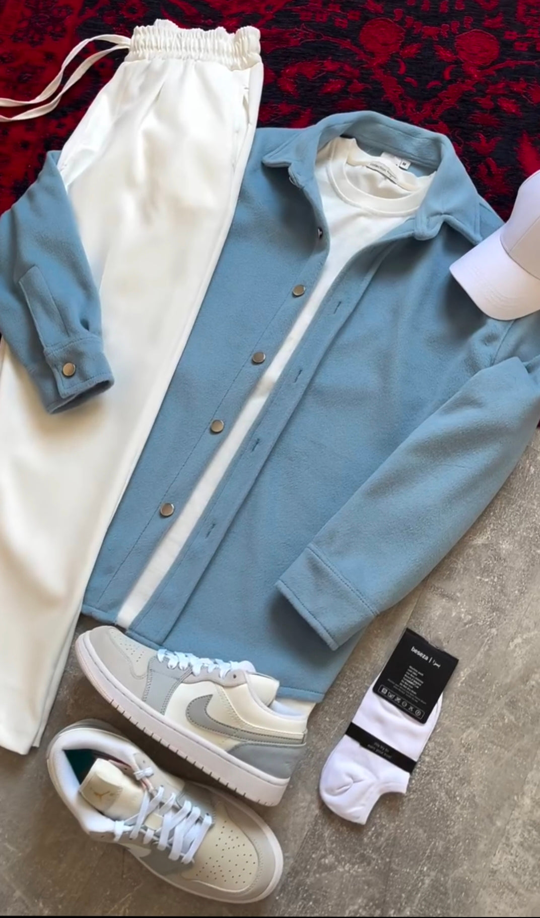 Modern Essential Outfit: Shirt, Pants, Sneakers & Watch الإطلالة العصرية الأساسية: قميص، بنطال، أحذية رياضية وساعة إصدار الأزرق السماوي والأبيض (Sky Blue & White Edition)