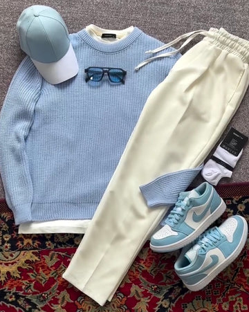 Modern Essential Outfit: Shirt, Pants, Sneakers & Glasses الإطلالة العصرية الأساسية: قميص، بنطال، أحذية رياضية ونظارة إصدار السماوي والأبيض – (Sky Blue & White Edition)
