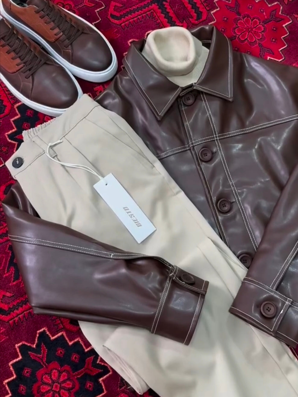 Modern Essential Outfit: Shirt, Pants & Sneakers الإطلالة العصرية الأساسية: قميص، بنطال وأحذية رياضية Full Black Edition – (Brown & White Combo)