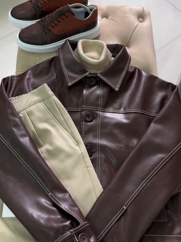 Modern Essential Outfit: Shirt, Pants & Sneakers الإطلالة العصرية الأساسية: قميص، بنطال وأحذية رياضية Full Black Edition – (Brown & White Combo)