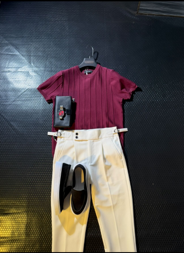 Perfect Combo: T Shirt, Pants & Sneakers& Watch "التركيبة المثالية: قميص، بنطال وأحذية رياضية!" Dark burgundy