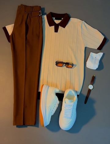 Perfect Combo: T Shirt, Pants & Sneakers& Watch "التركيبة المثالية: قميص، بنطال وأحذية رياضية!" – White & Brown Combo
