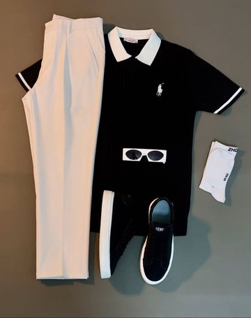 Perfect Combo: T Shirt, Pants & Sneakers& Watch "التركيبة المثالية: قميص، بنطال وأحذية رياضية!" – White & Black Combo