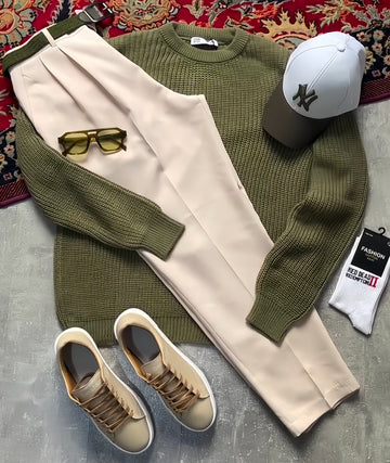 Modern Essential Outfit: Shirt, Pants, Sneakers & Glasses الإطلالة العصرية الأساسية: قميص، بنطال، أحذية رياضية ونظارة إصدار الأخضر والأبيض – (Green & White Edition)